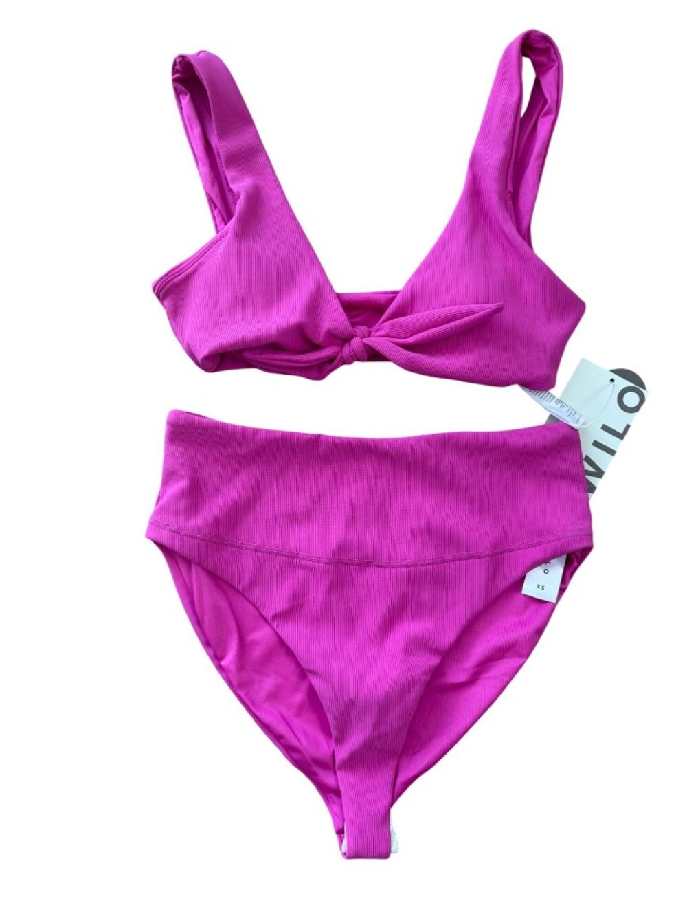 NWT Wilo The Label 2 Piece Ribbed Bikini Set Hot Pink Front Tie High Waist XS